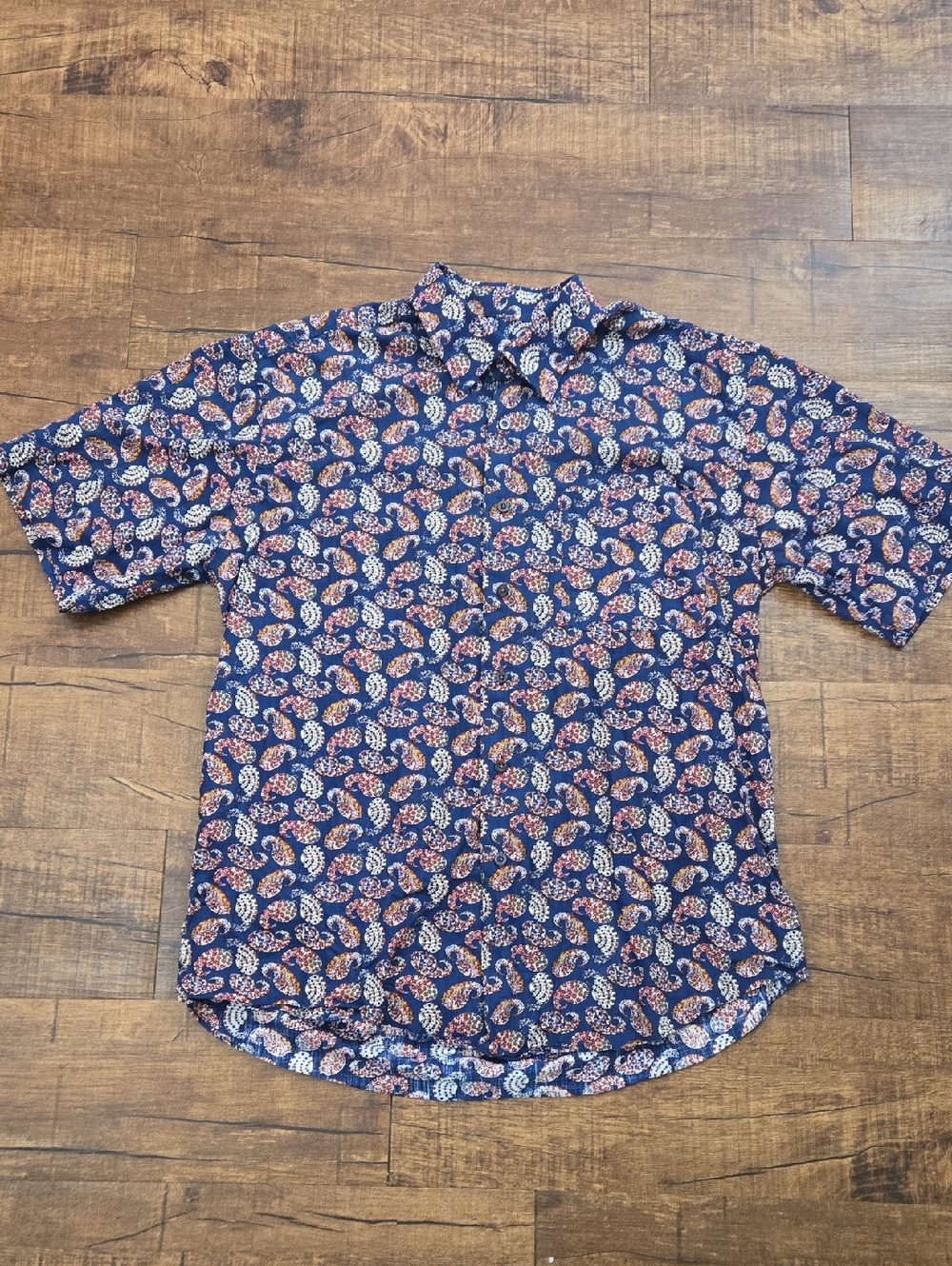 Alan Flusser Navy Paisley Shirt‎ Cotton Short Sleeve Classic Menswear L
